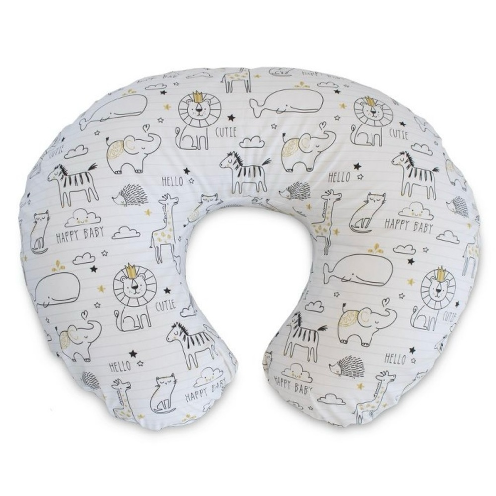 Boppy baby pillow, white and gray animals and words for Brest feeding